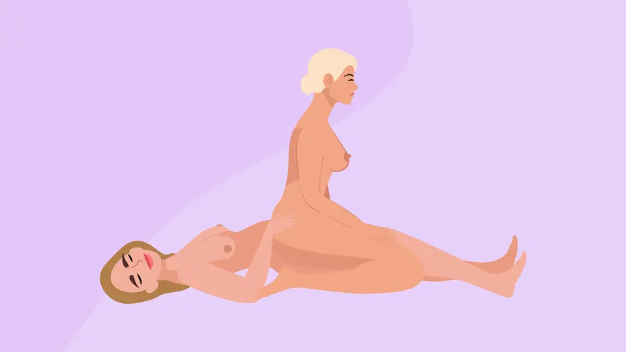 Grafik von zwei Frauen, die in der Sexstellung Reverse Cowgirl Sex haben.