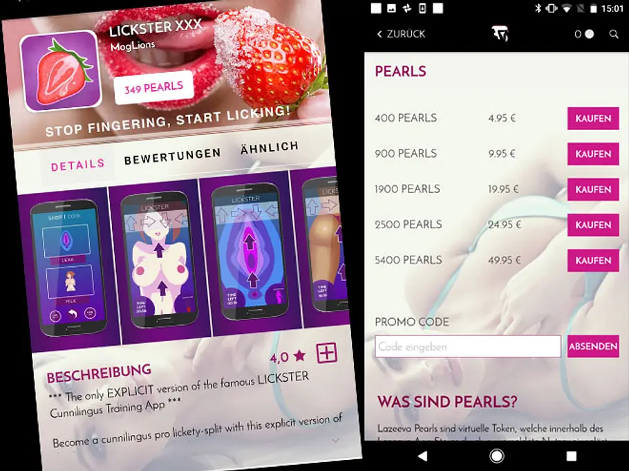 In der Lickster XXX-App werden verschiedene, hübsch animierte Körperteile zum Oralsex üben angeboten. Weitere sollen in der Zukunft hinzukommen. In der Lickster XXX-App werden verschiedene, hübsch animierte Körperteile zum Oralsex üben angeboten. Weitere sollen in der Zukunft hinzukommen.