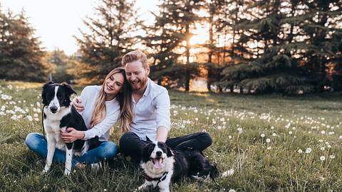 Verliebtes Paar teilt einen innigen Moment in der Natur mit zwei Hunden. - Foto: nd3000 / iStock