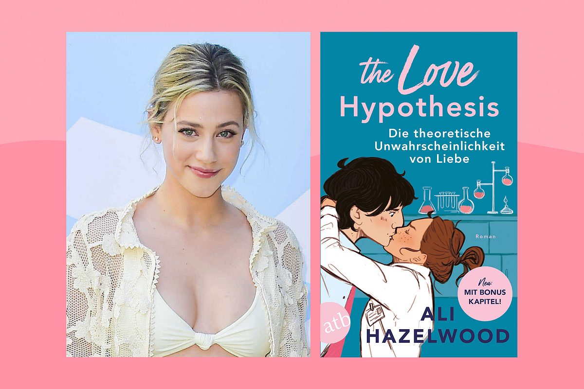 Die Schauspielerin Lili Reinhart und das Buchcover von Ali Hazelwoods The Love Hypothesis.
