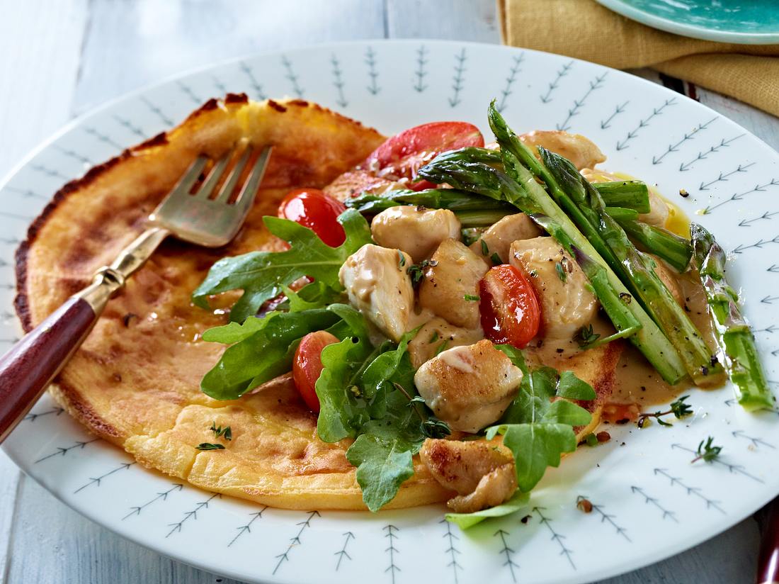 Low Carb Omelette mit grünem Spargel-Hähnchen-Ragout Low Carb Omelette mit grünem Spargel-Hähnchen-Ragout