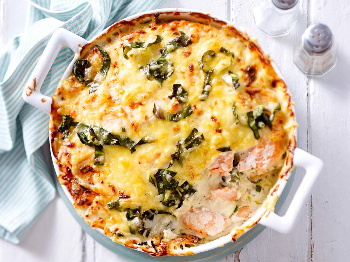 Mangold-Gratin mit Lachs.