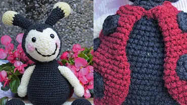 Ein gesplittetes Bild auf dem ein gehäkeltes Marienkäfer-Kuscheltier zu suchen ist. Links siehst du, wie der Marienkäfer von Vorne aussieht und lächelt. Rechts siehst du seine roten schwarz gepunkteten Flügel. - Foto: Collage: Redaktion Wunderweib aus ANIKA HEIDE/Leopold Stocker Verlag (li.) und ANIKA HEIDE/Leopold Stocker Verlag (re.) Ein gesplittetes Bild auf dem ein gehäkeltes Marienkäfer-Kuscheltier zu suchen ist. Links siehst du, wie der Marienkäfer von Vorne aussieht und lächelt. Rechts siehst du seine roten schwarz gepunkteten Flügel. - Foto: Collage: Redaktion Wunderweib aus ANIKA HEIDE/Leopold Stocker Verlag (li.) und ANIKA HEIDE/Leopold Stocker Verlag (re.)