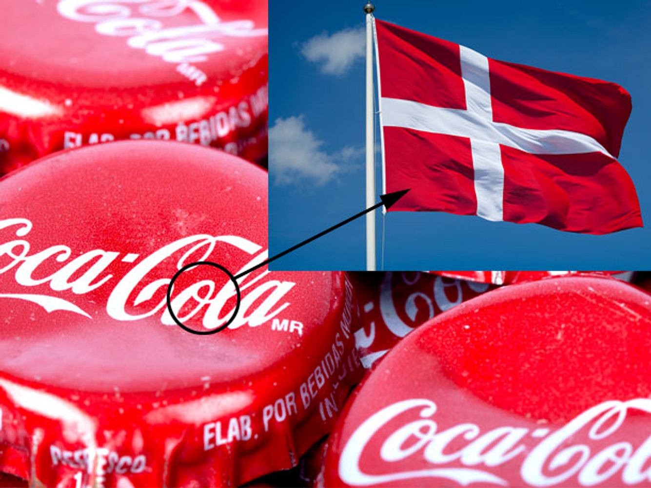 Die geheime Botschaft des Logos von CocaCola: Wenn du Cola trinkst, wirst du so glücklich wie die Dänen. In dem Logo versteckt sich die dänische Flagge.