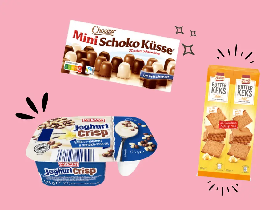 3 Produkte von Aldi-Eigenmarken: Choceur Shokoküsse, Milsani Joghurt Crisp und Biscotto Butterkekse