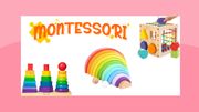 Collage mit buntem Montessori-Holzspielzeug wie einem Motorikwürfel, einem Steckspiel und einem Regenbogen - Foto: Collage/Wunderweib & Canva