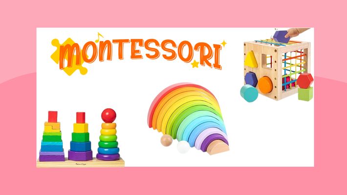 Collage mit buntem Montessori-Holzspielzeug wie einem Motorikwürfel, einem Steckspiel und einem Regenbogen - Foto: Collage/Wunderweib & Canva