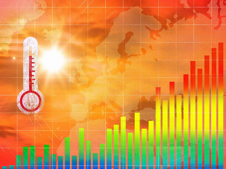 Nächste extreme Hitze-Walze im Anmarsch! Hitzewelle und steigende Sommertemperaturen in Europa - Klimawandeldaten mit praller Sonne, Thermometer und Karte (Symbolbild)