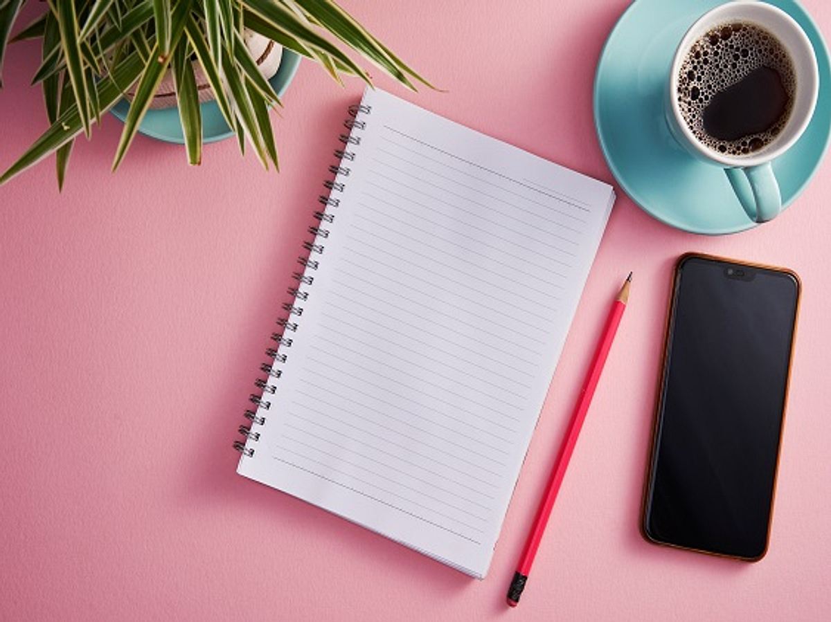 Notizbuch, Stift, Handy, Kaffeetasse und Topfblume vor rosa Hintergrund