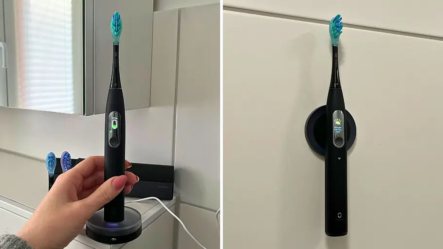 Oclean X Ultra S auf Ladestation (link) und an Wandhalterung (rechts)