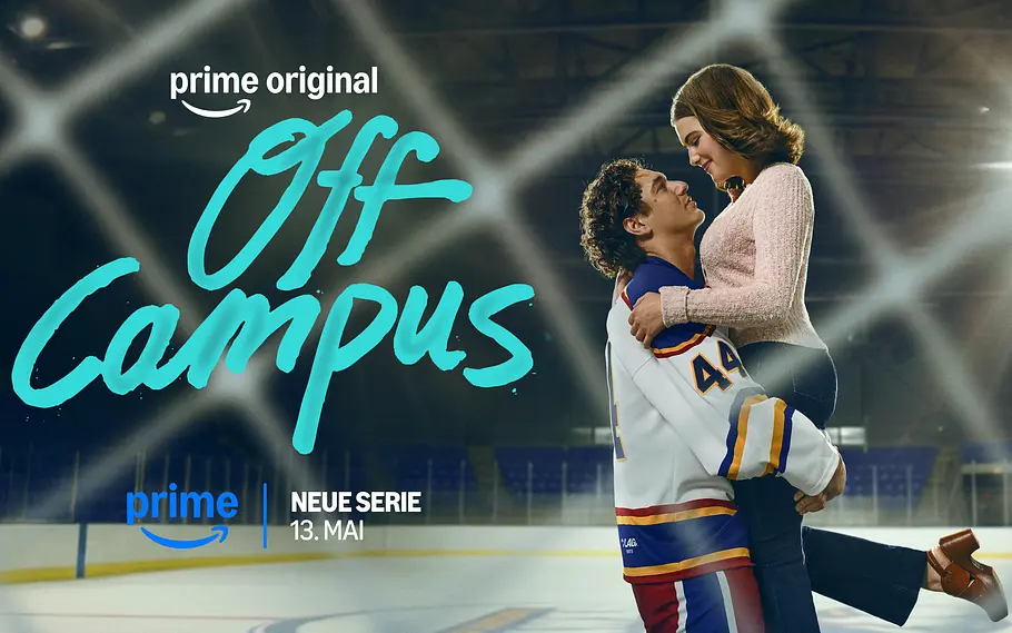 Auf dem „Off Campus“-Serienposter sind die beiden Hauptrollen Garrett (Belmont Cameli) und Hannah (Ella Bright) zu sehen.