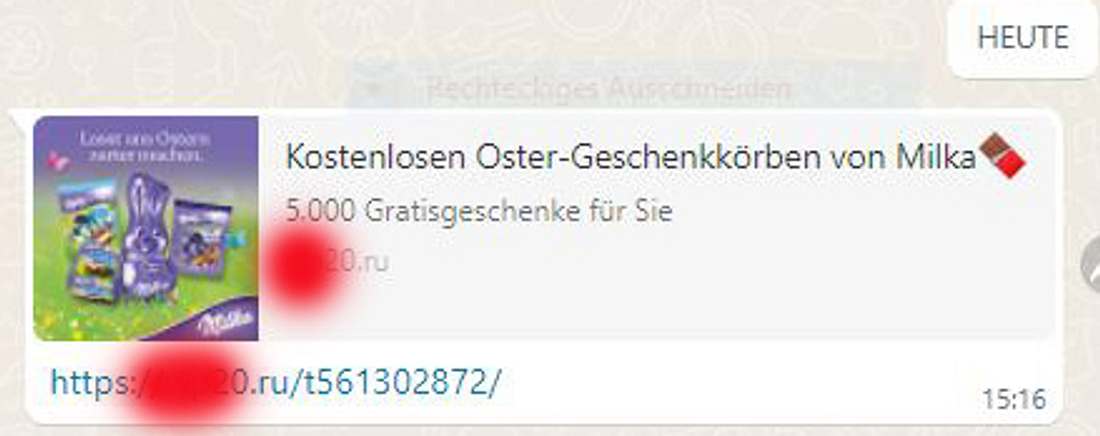 Fake-Nachricht über Oster-Gewinnspiel auf WhatsApp Fake-Nachricht über Oster-Gewinnspiel auf WhatsApp