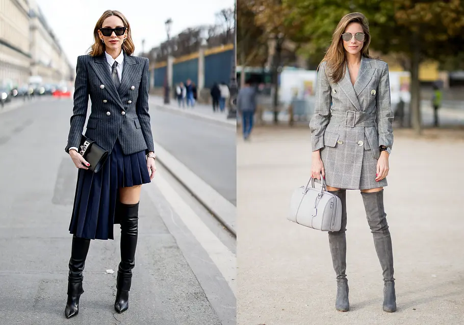 Overknee-Stiefel fürs Büro kombinieren Overknee-Stiefel passen nicht ins Büro? Aber Hallo! Blazer jeder Art machen den Trick...