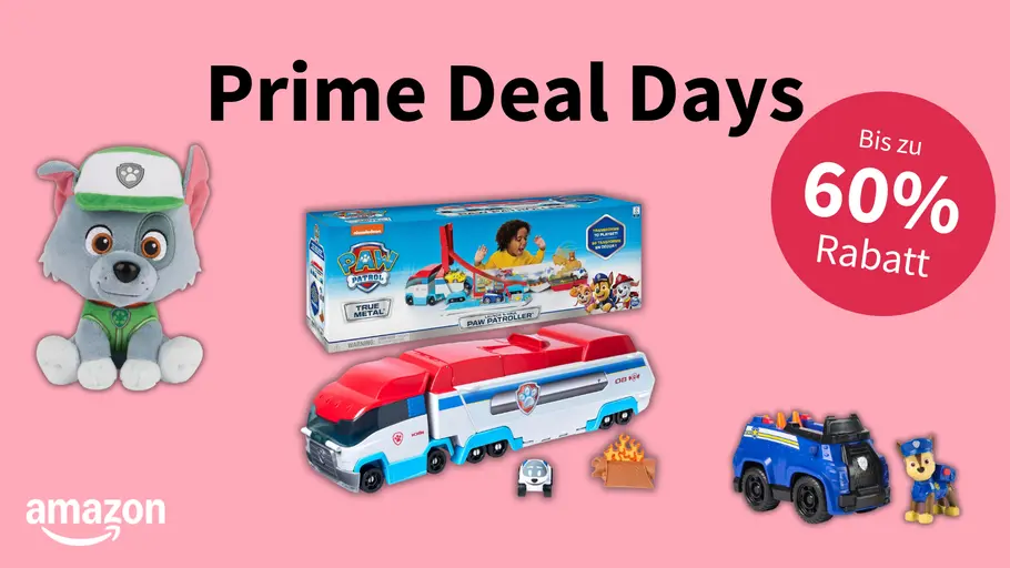 Paw Patrol Prime Deal Days Collange aus Paw Patrol Produkten auf einem rosa hinterghrund mit der Aufschrift Prime Deal Days