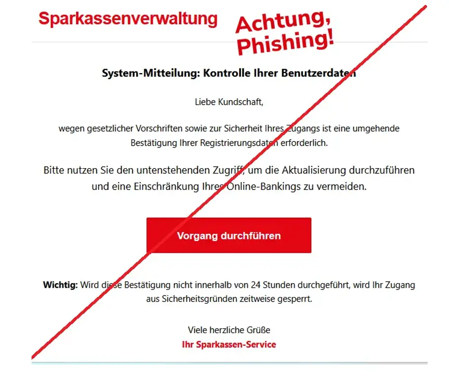 Phishing Mail Sparkasse Screenshot der Phishing Mail der Sparkasse mit einem hinweis, das es Phishing ist.