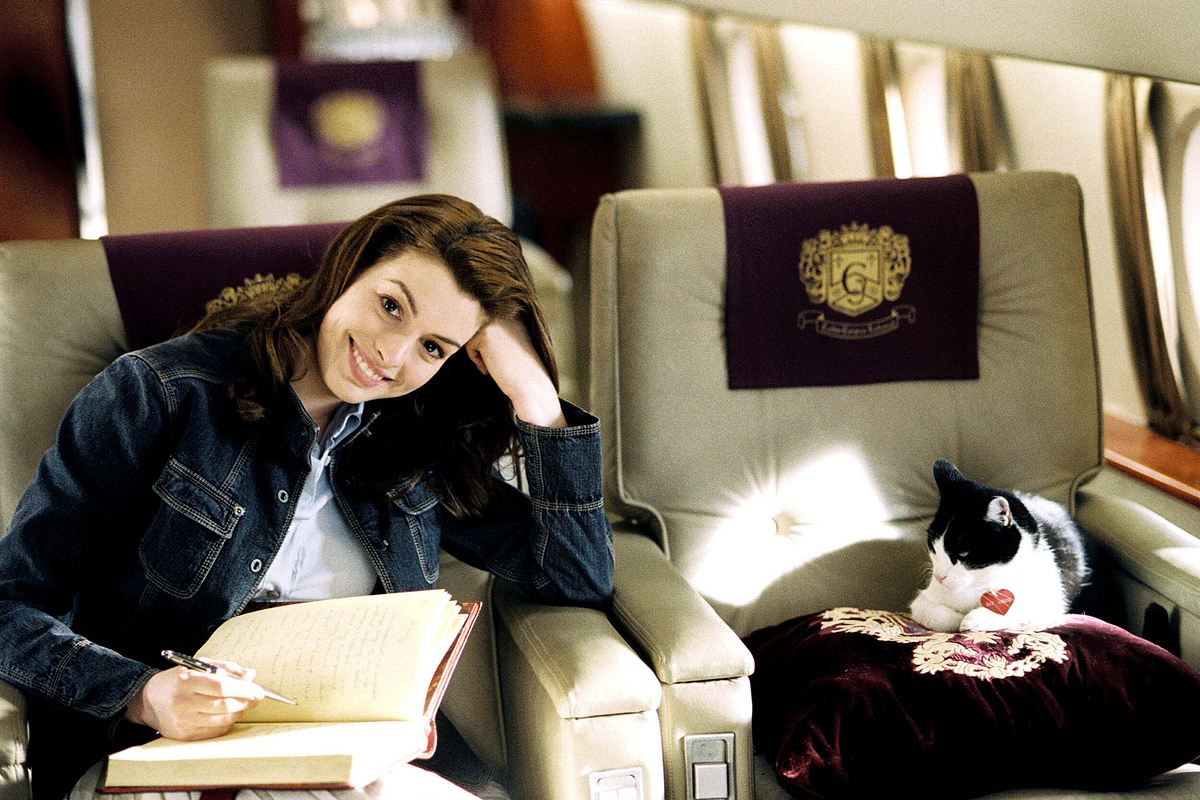 Prinzessin Mia, gespielt von Anne Hathaway, in Plötzlich Prinzessin 2 schreibt Tagebuch und sitzt im Privatjet.