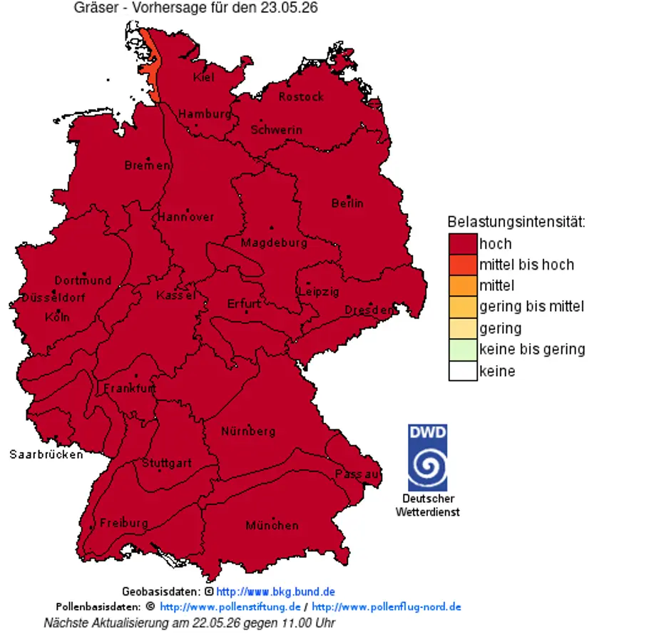 Pollenflugkarte Deutschland: Gräser Vorhersage 23.05.26