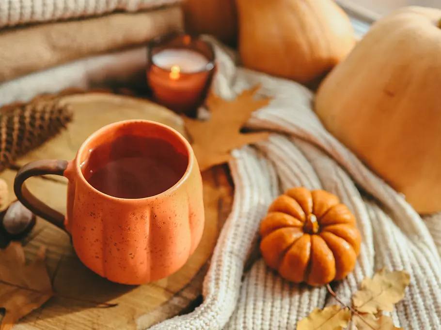 Pumpkin Spice Saison Pumpkin Spice Tasse mit herbstlicher Deko und Kürbissen