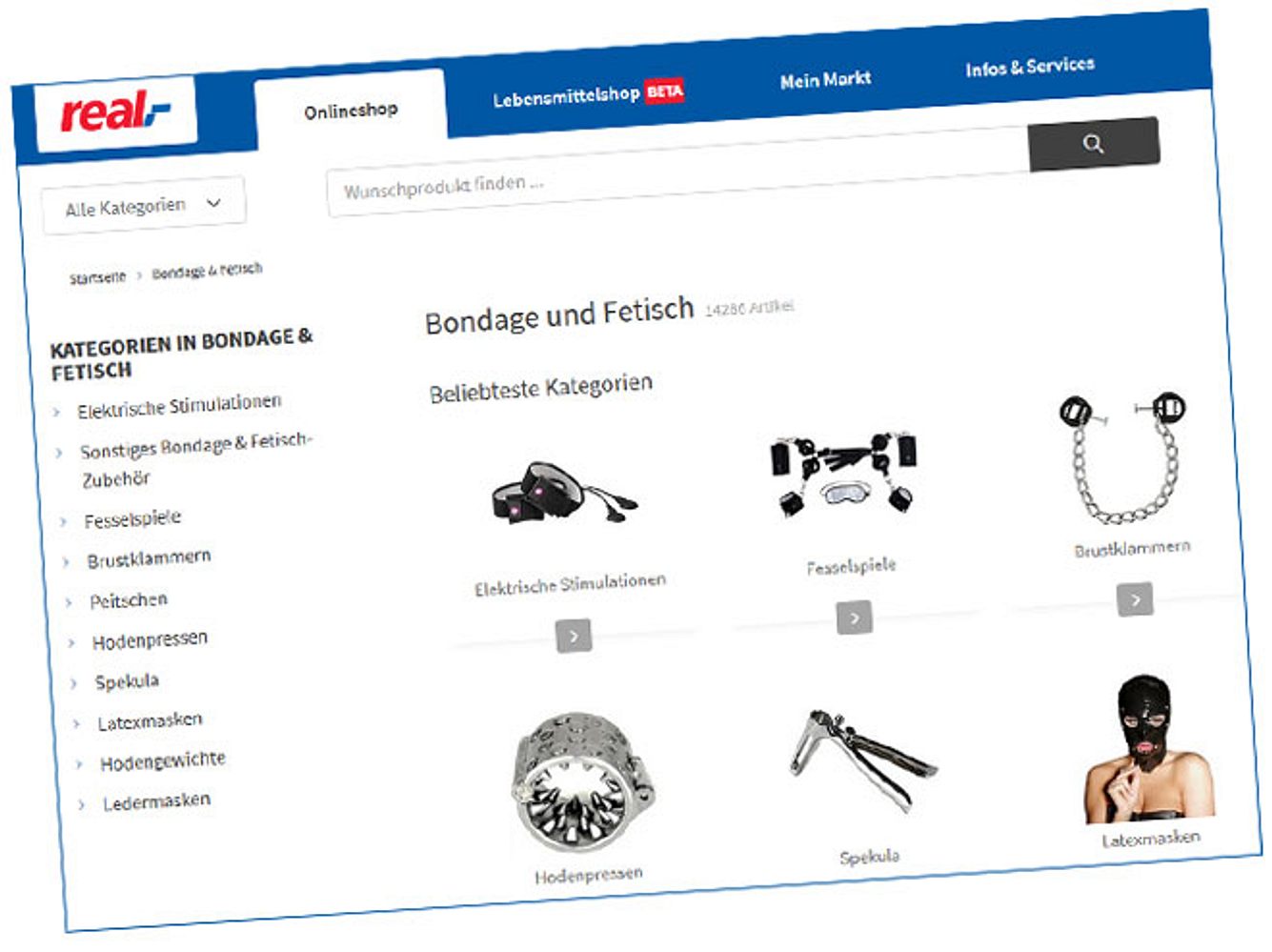 Hodenpressen, Ledermasken, Nippelklemmen - das Fetischangebot von real ist breit gefächert. Hodenpressen, Ledermasken, Nippelklemmen - das Fetischangebot von real ist breit gefächert.