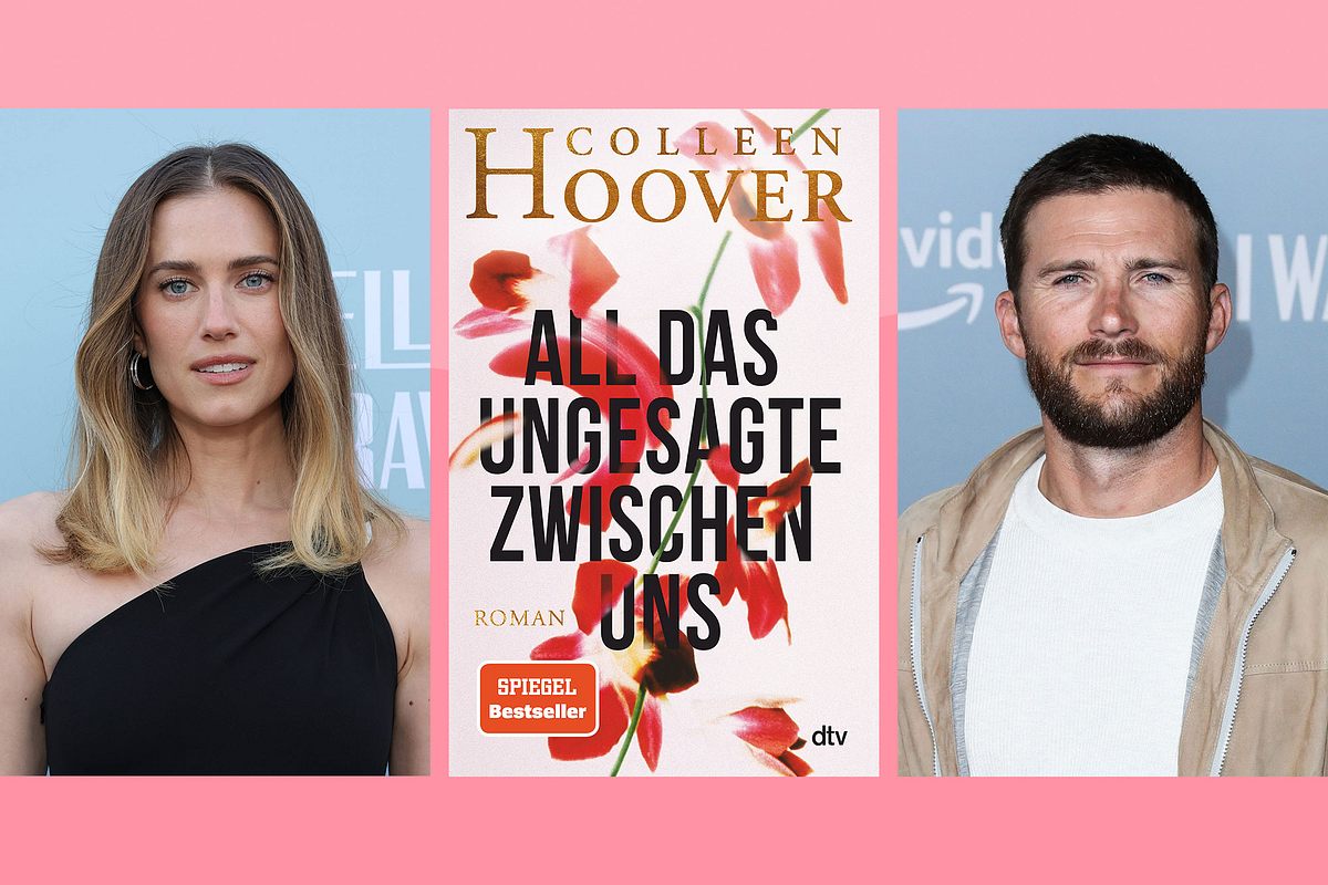 Allison Williams und Scott Eastwood und das Buchcover von Colleen Hoovers All das Ungesagte zwischen uns.