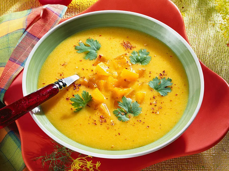 Rezept für Kürbiscremesuppe mit Kokosmilch mit gemahlenem Koriander