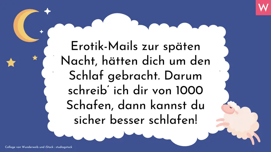 Romantische Gute-Nacht-Sprüche Mit Augenzwinkern! Süß gute Nacht sagen: Erotik Mails zur späten Nacht, hätten dich um den Schlaf gebracht. Darum schreib ich dir von 1000 Schafen, dann kannst du sicher besser schlafen!