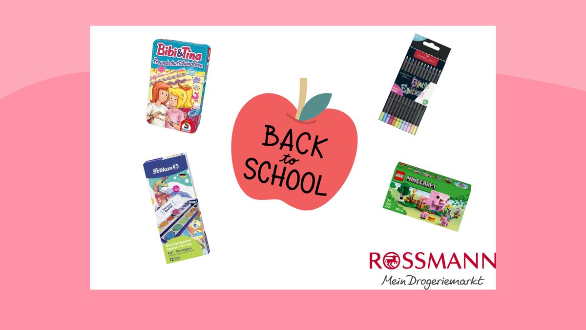 Collage mit Rossmann-Logo und Schulzubehör und Spielsachen von bekannten Marken