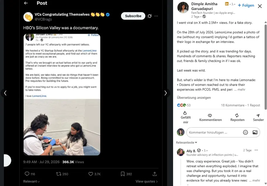 Screenshot LinkedIn Screenshot eines LinkedIn Posts einer Frau, die bei der Afterparty von LemonLime war.