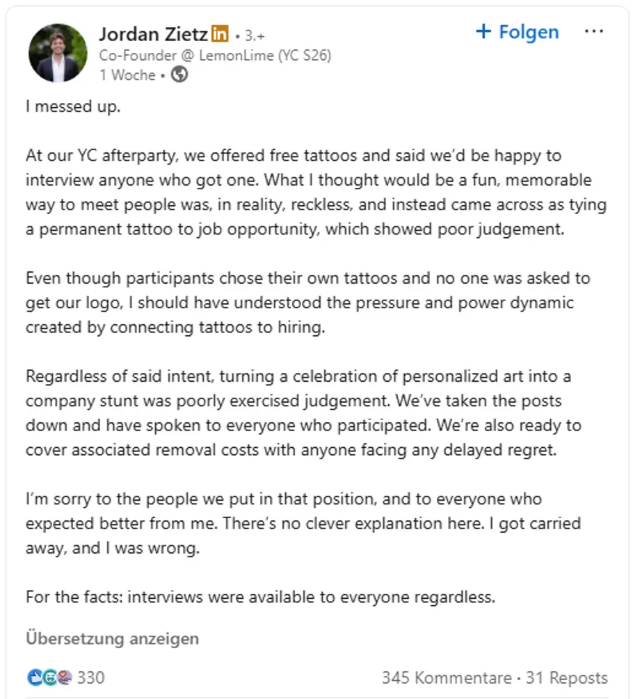 Screenshot LinkedIn Jordan Zietz Screenshot des LinkedIn Posts von Jordan Zietz