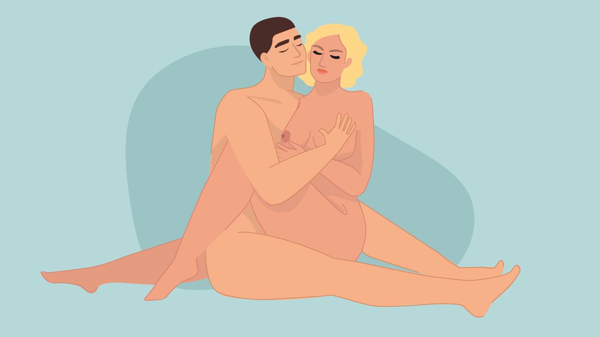 Sexstellungen für Mollige: Das Feuerrad Liebespaar hat Sex in der Feuerrad-Stellung.