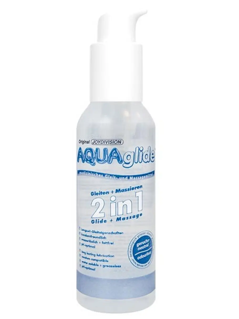 Kleiner Helfer! Das kristallklare 2 in 1 Gleit- und Massagemittel für die Frau sorgt beim ausgiebigen Liebesspiel mit dem Sexspielzeug für ein lang anhaltendes, optimales Feuchtigkeitsniveau. (Aquaglide 2 in 1 Gleit-und Massagemittel, ca. 8 Euro, 125ml sextoys frau