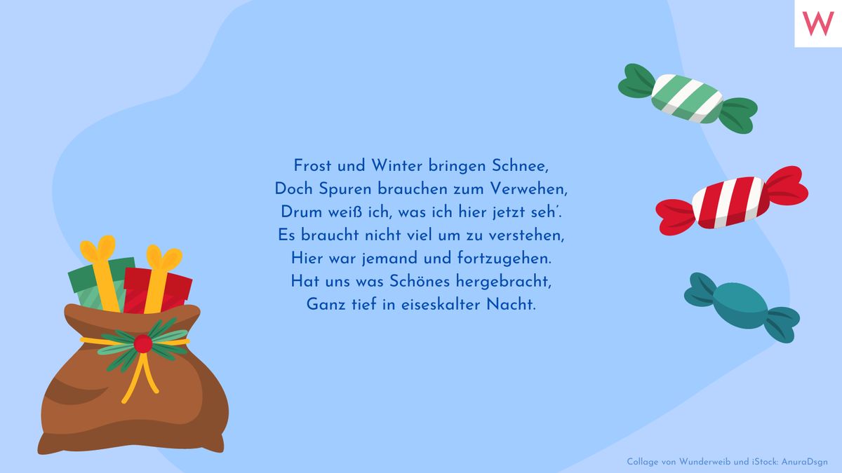 Frost und Winter bringen Schnee, Doch Spuren brauchen zum Verwehen, Drum weiß ich, was ich hier jetzt seh’. Es braucht nicht viel um zu verstehen, Hier war jemand und fortzugehen. Hat uns was Schönes hergebracht, Ganz tief in eiseskalter Nacht.