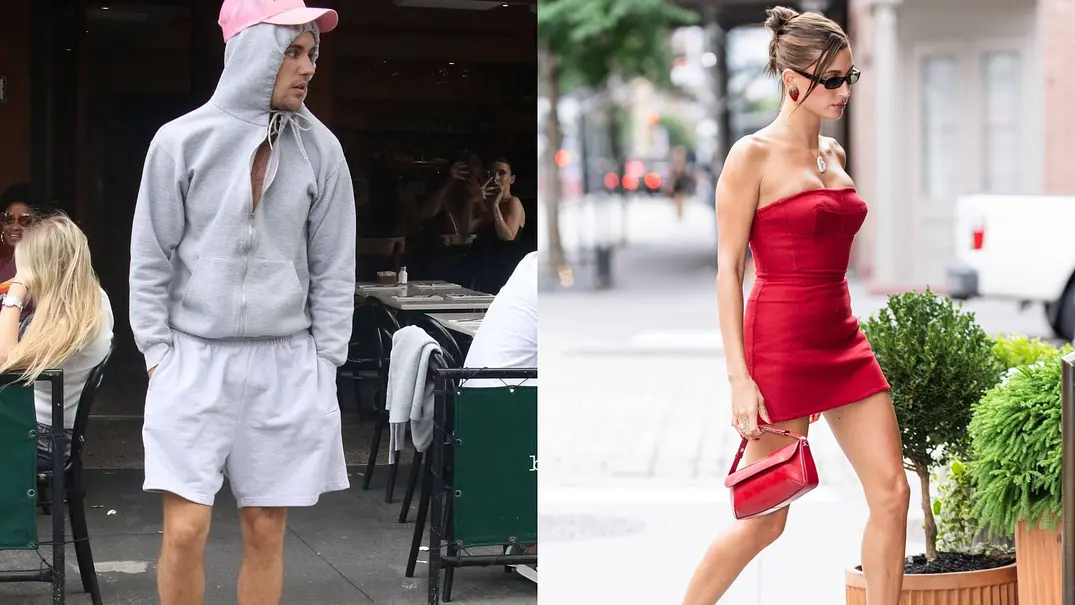 Collage aus Hailey Bieber in einem roten Minikleid und Justin Bieber in einem grauen Sweater mit rosa Cap - Foto: Collage: Redaktion Wunderweib aus IMAGO/Titelbilder und IMAGO/Titelbilder