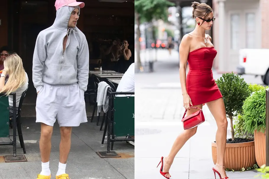 Hailey und Justin Bieber als ungleiches Paar sind zusammen Collage aus Hailey Bieber in einem roten Minikleid und Justin Bieber in einem grauen Sweater mit rosa Cap
