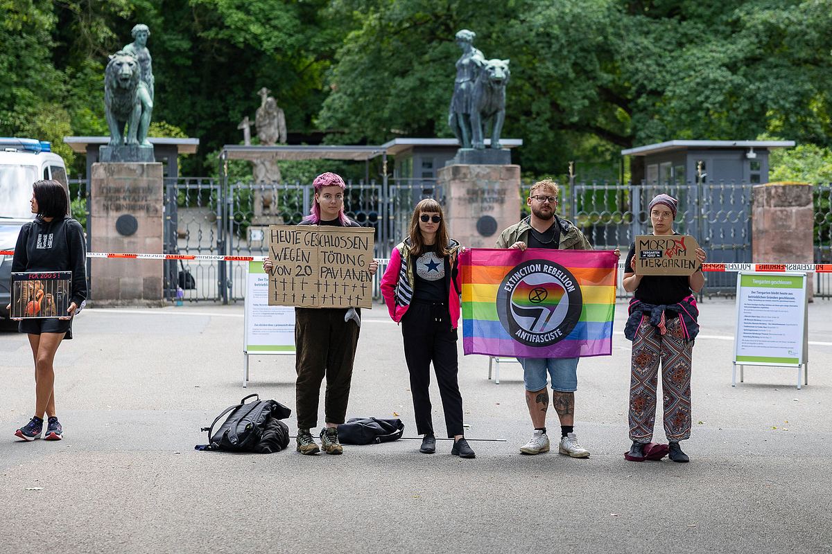 Demonstrant*innen vor dem geschlossenen Tiergarten Demonstrant*innen stehen vor dem geschlossenen Tiergarten in Nürnberg.