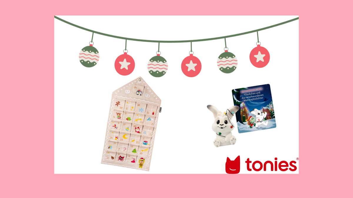 Weihnachtliche Collage mit Tonies Adventskalendern 2025 für Kinder