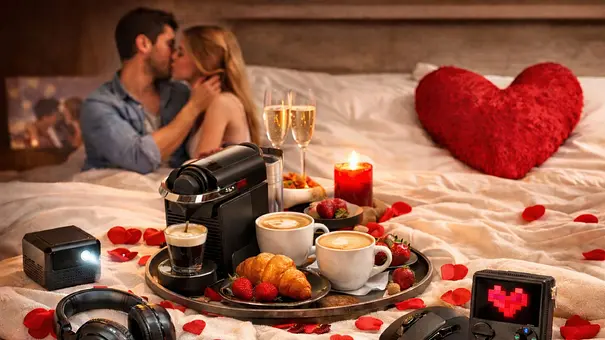 Romantische Schlafzimmer-Szene zum Valentinstag: Ein Paar küsst sich im Hintergrund, während im Vordergrund ein Frühstückstablett mit Kaffee, Croissant, Erdbeeren, Kerzenlicht sowie Technik- und Gaming-Gadgets auf dem Bett arrangiert ist. - Foto: Wunderweib/ChatGPT
