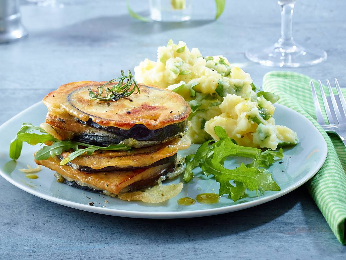 Auberginen-Piccata mit Kartoffel-Rucola-Stampf