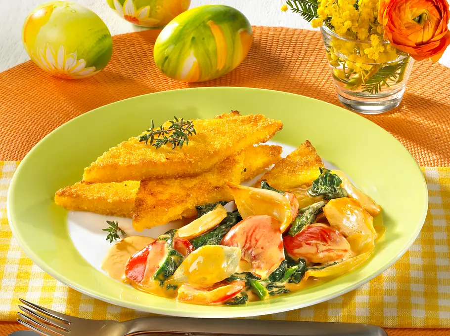 Vegetarisches Ostermenü: Gebratene Polentarauten mit Spinat-Paprikagemüse Vegetarisches Ostermenü: Gebratene Polentarauten mit Spinat-Paprikagemüse