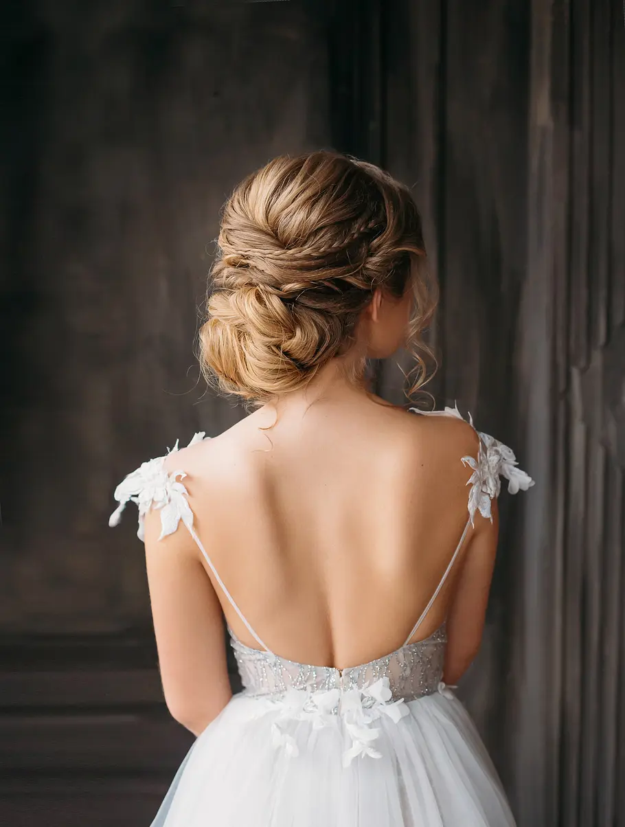 Braut von hinten mit einem verspielten und gewundenem Knoten mit Flechtdetails 