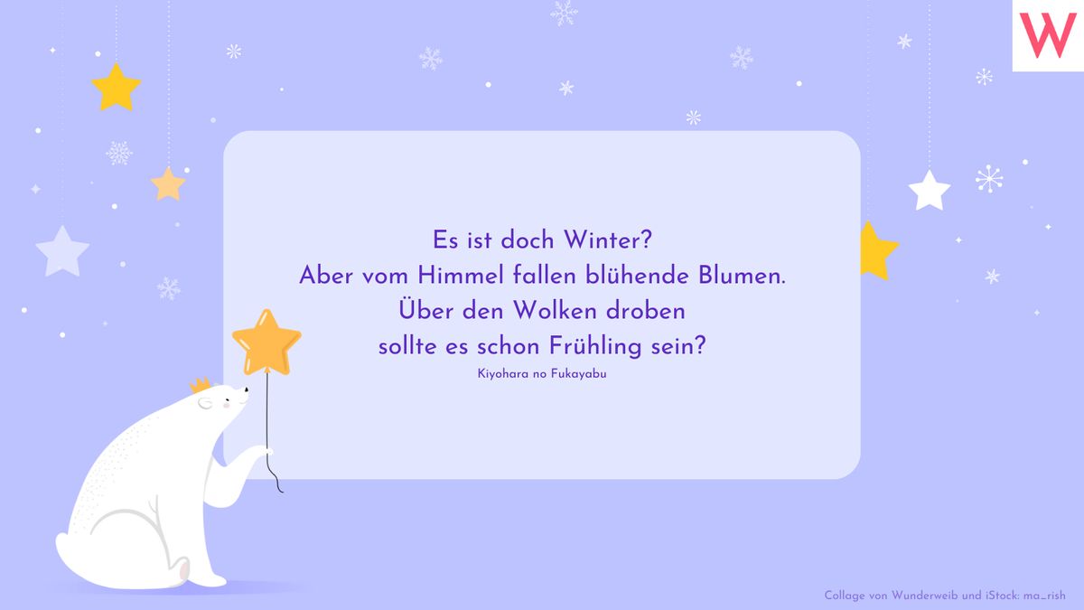 Es ist doch Winter? Aber vom Himmel fallen blühende Blumen. Über den Wolken droben sollte es schon Frühling sein? Kiyohara no Fukayabu