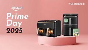 Rechts zwei Airfryer von Cosori, links der Titel Amazon Prime Day 2025. Rechts oben das Logo von Wunderweib. - Foto: Wunderweib.de & iStock (Lemon_tm) & PR