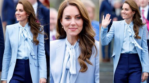 Im hellblauen Blazer tritt Kate bei einem Besuch in Nordirland modisch und elegant zugleich auf. - Foto: © Max Mumby/Indigo | Collage: Wunderweib