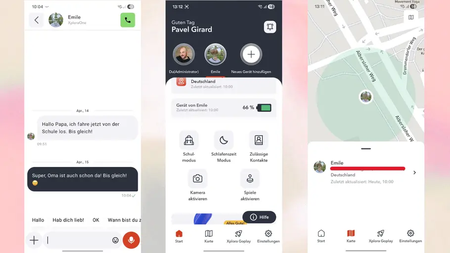 Xplora One App Drei Beispiel-Screenshots zur Xplora One App